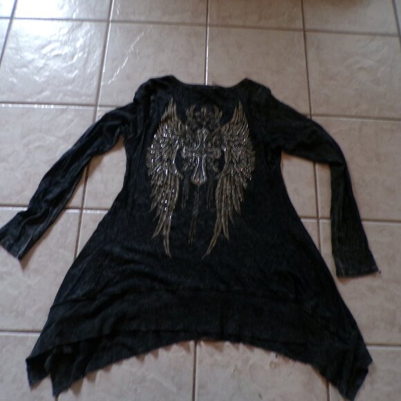 Vocal Shirt Womens Medium Crystal Studded Black Gray Y2K Wings Grunge Rhinestone - Picture 7 of 10